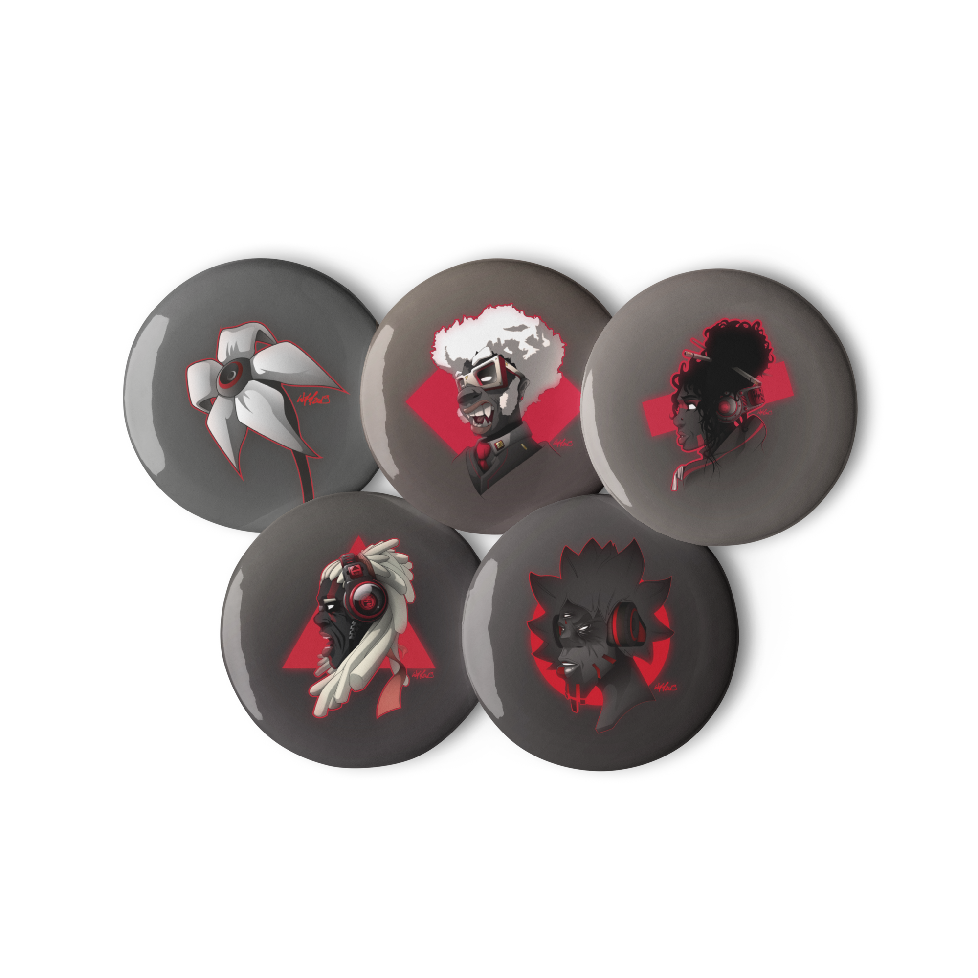 Set de 5 badges ronds aux motifs AfroSingers par Wam aux couleurs rouge, noir et blanc
