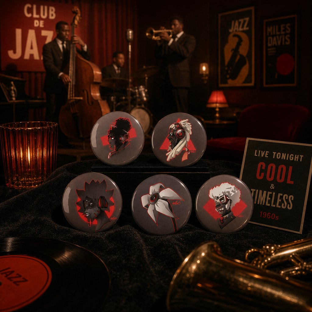 Set de 5 badges ronds aux motifs AfroSingers par Wam aux couleurs rouge, noir et blanc