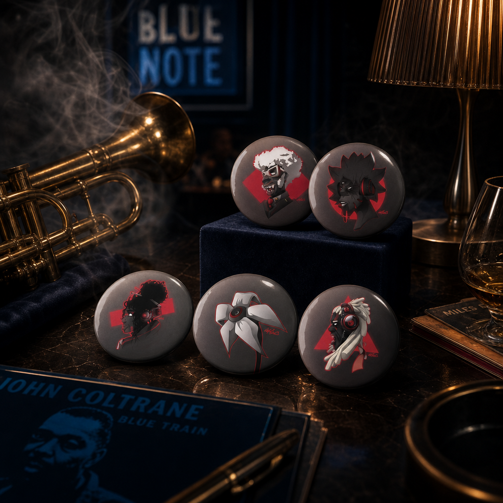 Set de 5 badges ronds aux motifs AfroSingers par Wam aux couleurs rouge, noir et blanc