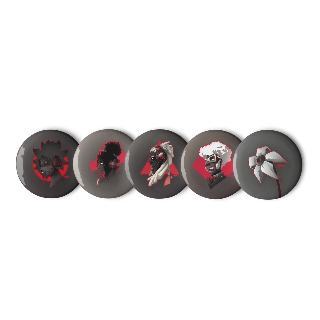 Set de 5 badges ronds aux motifs AfroSingers par Wam aux couleurs rouge, noir et blanc