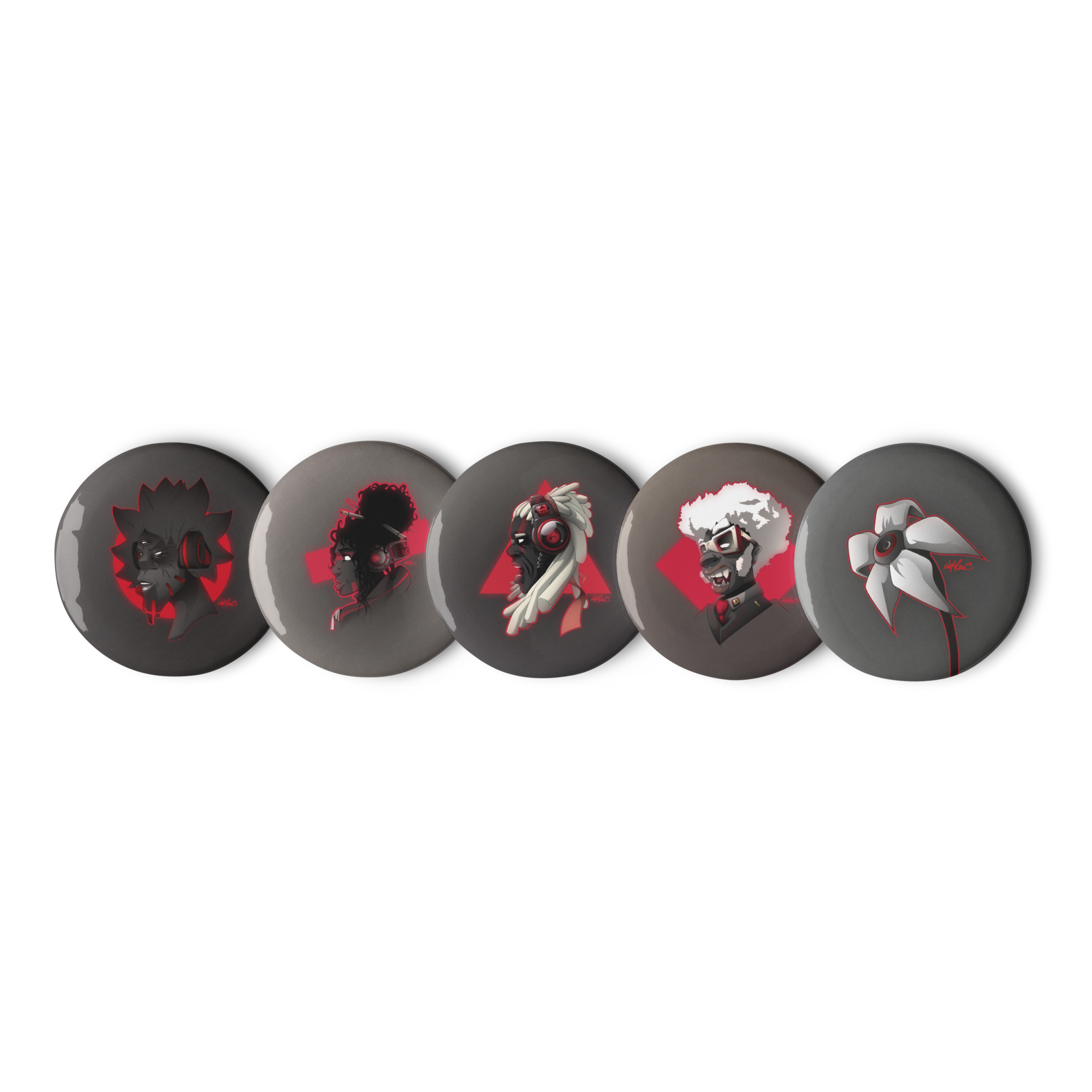 Set de 5 badges ronds aux motifs AfroSingers par Wam aux couleurs rouge, noir et blanc