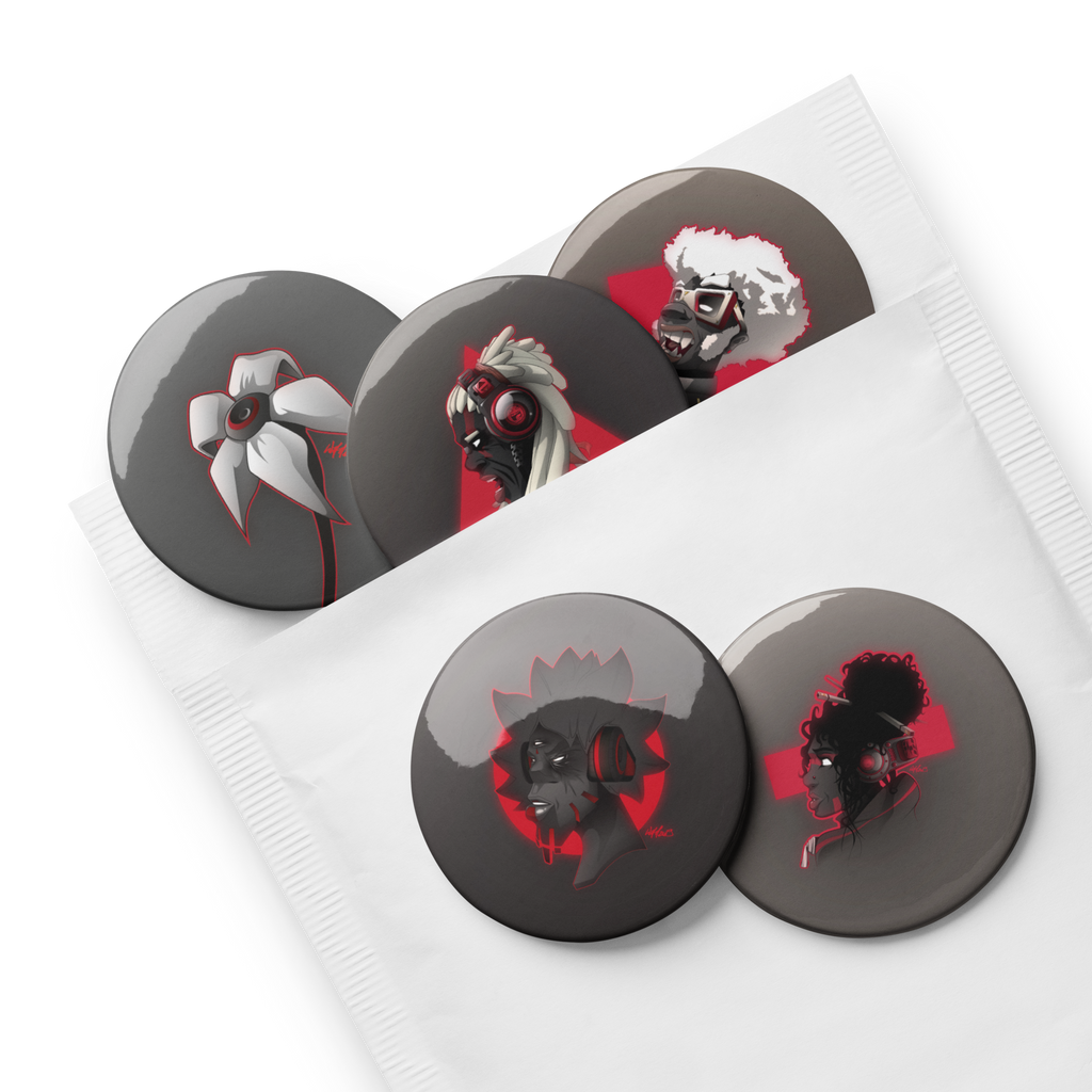 Set de 5 badges ronds aux motifs AfroSingers par Wam aux couleurs rouge, noir et blanc