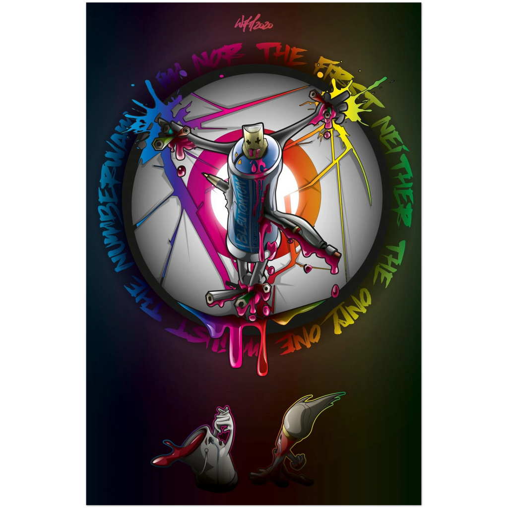 illustration vectorielle représentant une bombe de peinture crucifiée et des personnages en lamentations, style cartoon graffiti par Wam