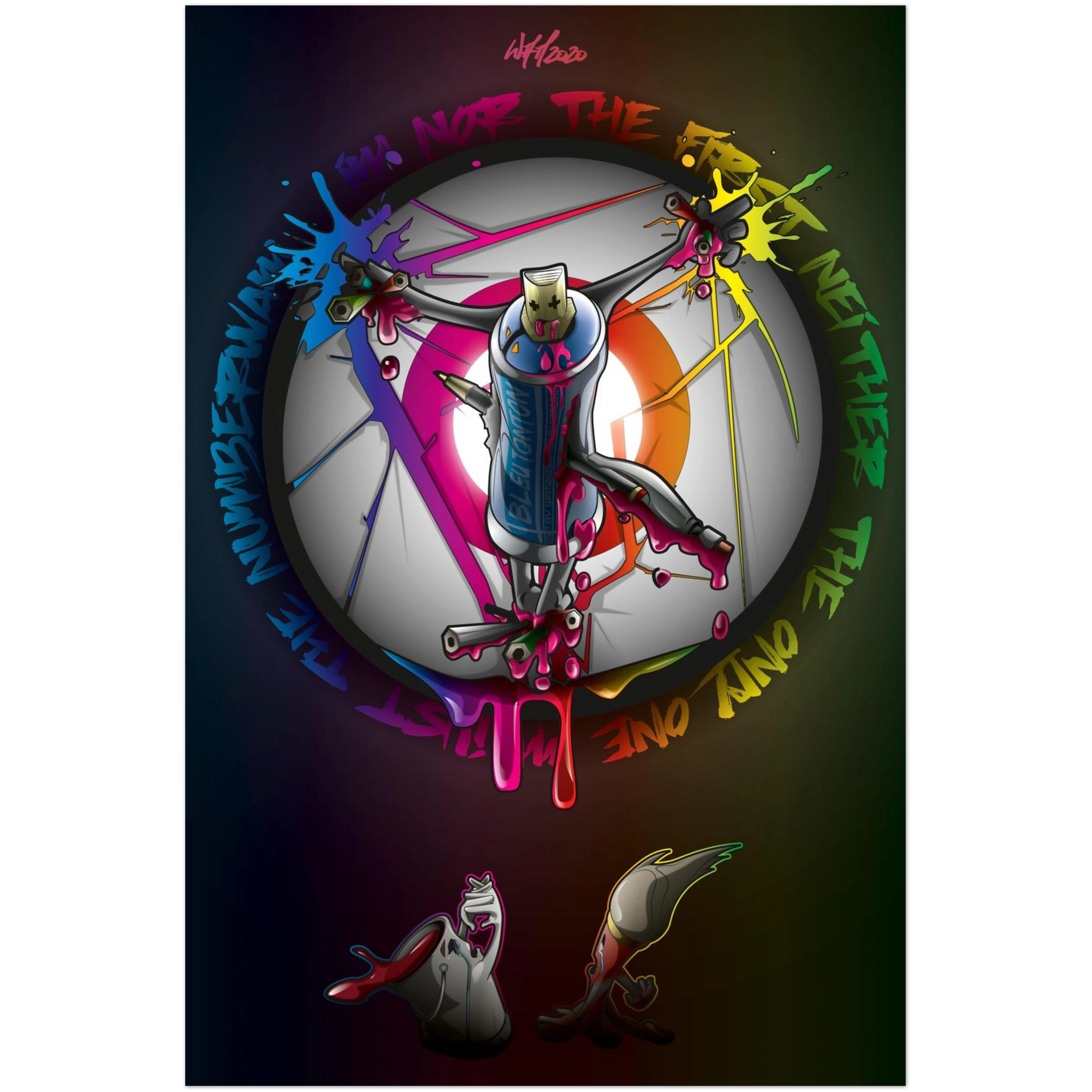 illustration vectorielle représentant une bombe de peinture crucifiée et des personnages en lamentations, style cartoon graffiti par Wam