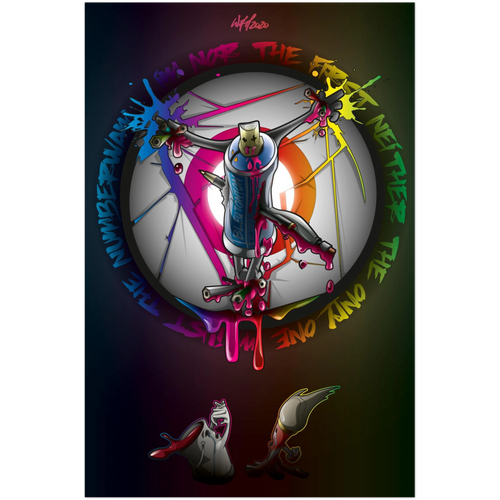 illustration vectorielle représentant une bombe de peinture crucifiée et des personnages en lamentations, style cartoon graffiti par Wam