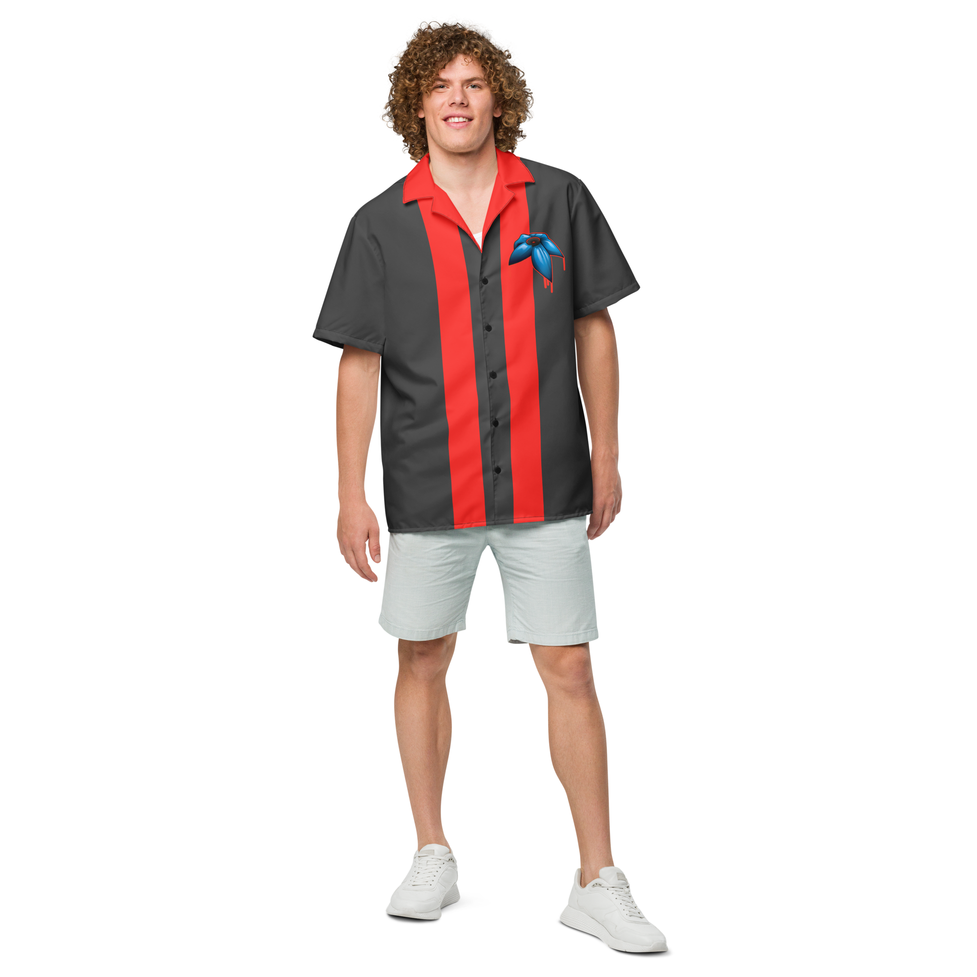 Chemise d'été rouge et grise par WAM2026 motif à fleurs bleues disponibles du 2XS au 6XL