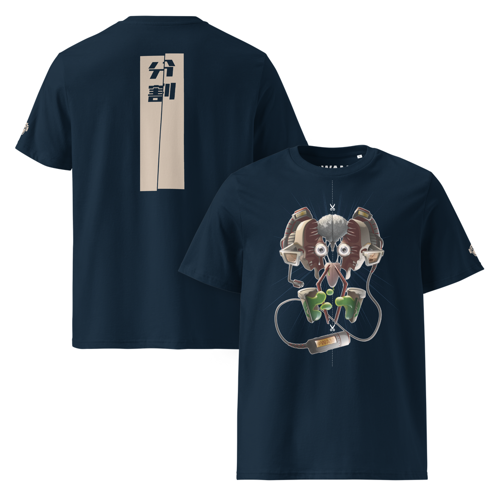 T-shirt bleu marine en coton biologique unisexe imprimé Splittedmind par WAM2026 du S au 4XL