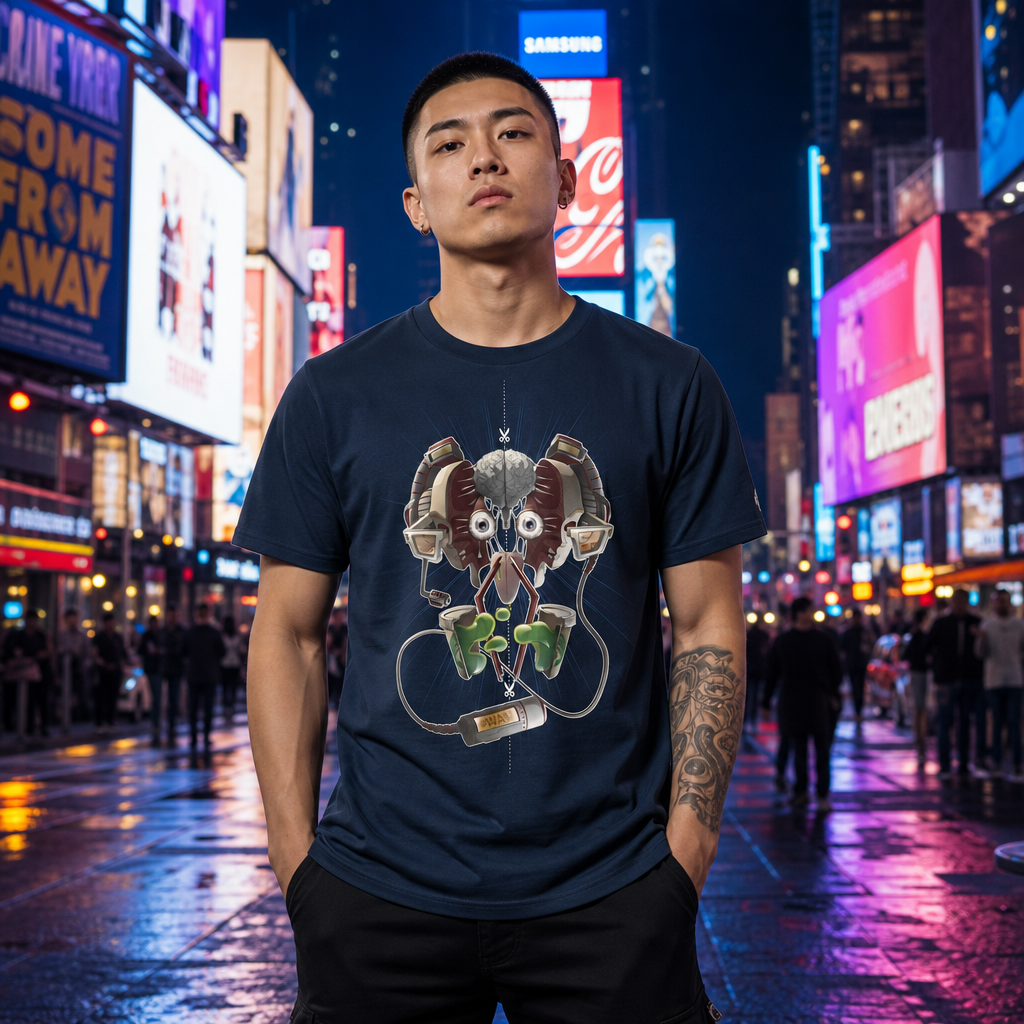 T-shirt bleu marine en coton biologique unisexe imprimé Splittedmind par WAM2026 du S au 4XL