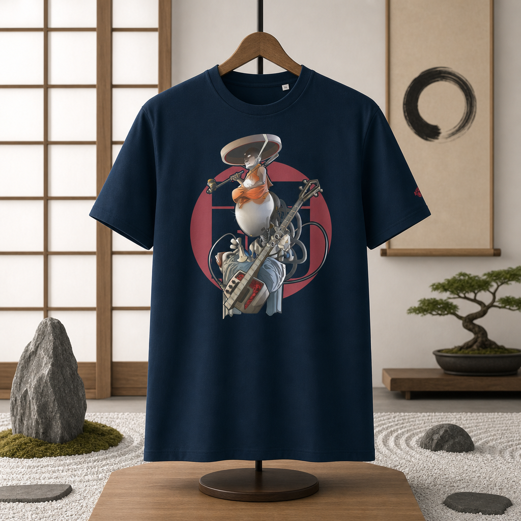 T-shirt unisexe organique bleu marine imprimé Shamisen par Wam2026 du S au 4XL