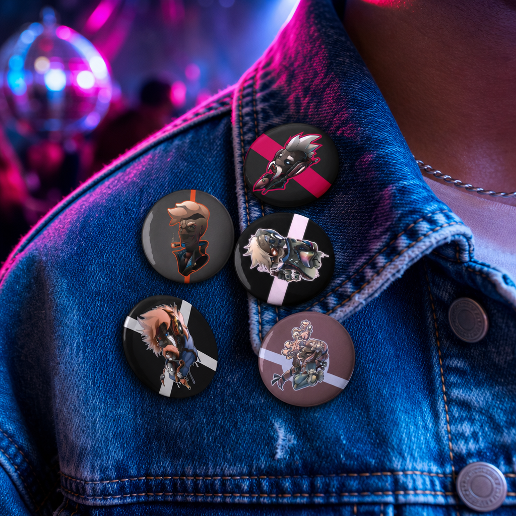 set de 5 badges rond en fer blanc imprimés motifs WAM