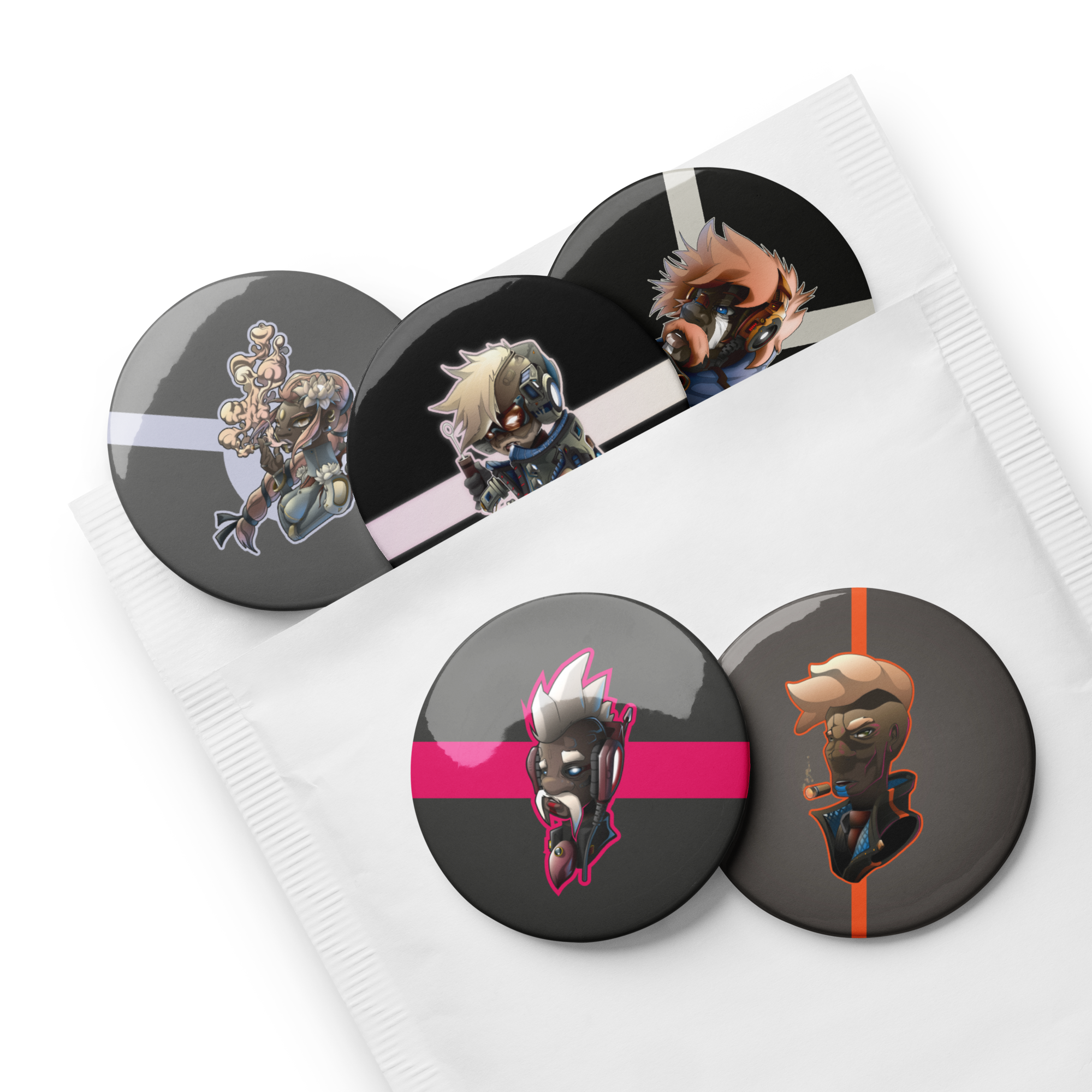set de 5 badges rond en fer blanc imprimés motifs WAM