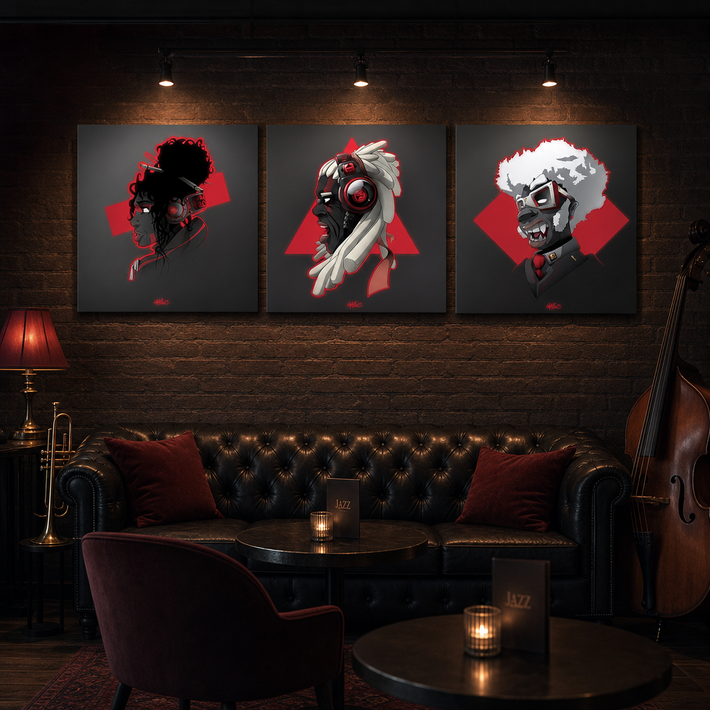 Triptyque d'illustrations AfroSingers par WAM2026 sur toiles châssis bois de 20 à 60 cm de coté