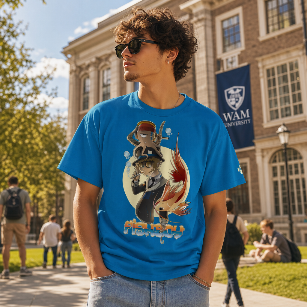Tshirt bleu 100% coton unisexe avec motif FishBoy du S au 5 XL