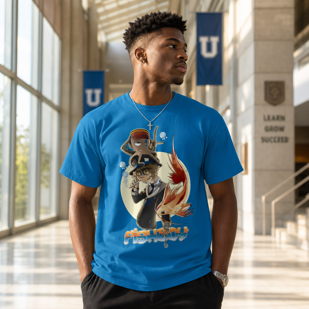 Tshirt bleu 100% coton unisexe avec motif FishBoy du S au 5 XL